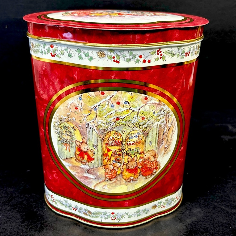 Vintage biscuit tin with Christmas Bunnies scenes Made in England